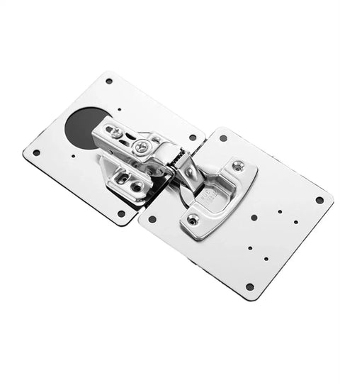 Close-up of stainless steel hinge from a 8 Piece Hinge Repair Plate Kit In Brushed Stainless Steel For Cabinets With Mounting Screws And Bracket Set Durable Cabinet Hinge Fixers Zinc Alloy Door Stop Satin Nickel Magnetic Floor Stop 2 Pack
