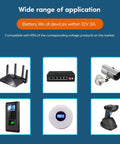 Wide range of application showing compact mini UPS battery backup for 12 volt routers, cameras, and speakers.