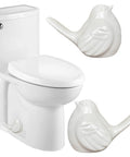 Slick White Bird Ceramic Toilet Bolt Covers Decorative Set Of Two hides rusty floor fasteners next to a toilet.