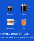 Four drink options including espresso, coffee, cappuccino, and tea displayed on a blue background for Fully Automatic Espresso Coffee Maker With Integrated Grinder And LatteGo Milk System For Silky Homemade Lattes Four One Touch Brews 15 Bar Pressure Matte Black Certified Refurbished Straight Up Smooth Sips.
