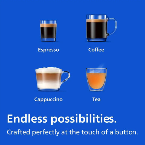Four drink options including espresso, coffee, cappuccino, and tea displayed on a blue background for Fully Automatic Espresso Coffee Maker With Integrated Grinder And LatteGo Milk System For Silky Homemade Lattes Four One Touch Brews 15 Bar Pressure Matte Black Certified Refurbished Straight Up Smooth Sips.