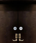 Two Inch Round Push Pull Door Signs Brushed Gold Set Of Two Durable Plastic With Strong Adhesive Foam Tape For Super Easy Install And Clear Legible Messaging In Offices Homes Or Commercial Doors. Applied on dark double doors
