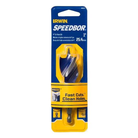 Tri Flute Wood Drill Bit With Self Feed Tip For Fast Clean Holes In Tight Spaces One Inch By Four Inch Length Holes Up To Two Inches Deep One Quarter Inch Quick Change Shank Irwin Tools Speedbor in packaging