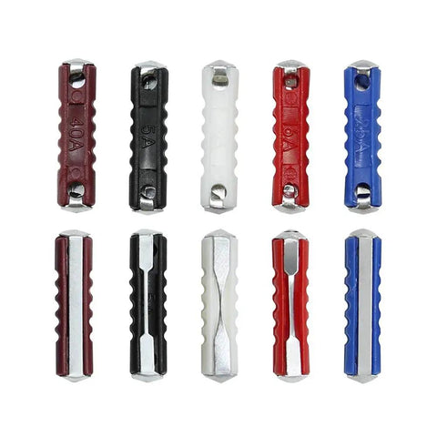 European Torpedo Type Car Fuses For Classic Rides Old School Electrical Protection 5A 8A 16A 25A 40A Pack Of 200 Ultra Burn Resistant Plastic And Metal Fuse Links For Vintage Wiring arranged in a row