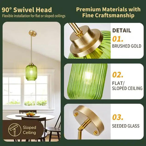 Farmhouse Island Lights for Kitchen, Kitchen Pendant Lighting over Island with green glass and brushed gold details.