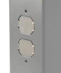 Close-up of a gray power outlet on a Mobile Adjustable Height Workbench With Maple Block Top, Sixty Inches Wide By Thirty Inches Deep, One And Three Quarters Inch Thick, 2000 Lb Capacity, Gray, Heavy Duty Casters, Easy Roll On Wheels, Ideal Shop Or Garage Workspace.