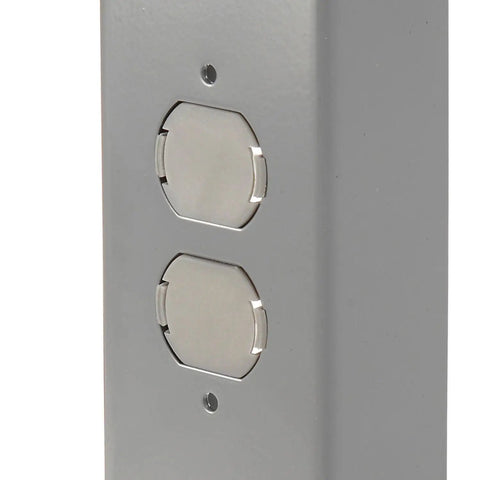 Close-up of a gray power outlet on a Mobile Adjustable Height Workbench With Maple Block Top, Sixty Inches Wide By Thirty Inches Deep, One And Three Quarters Inch Thick, 2000 Lb Capacity, Gray, Heavy Duty Casters, Easy Roll On Wheels, Ideal Shop Or Garage Workspace.