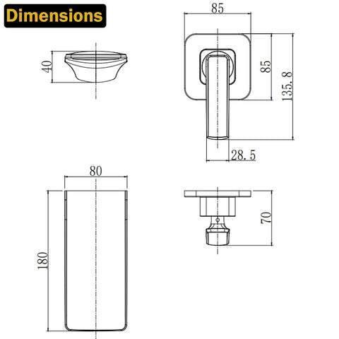 Technical dimensions for Wall Mount Waterfall Bathroom Faucet Matte Black for Vanity Sink, Lead Free Brass, Split-Brass Construction