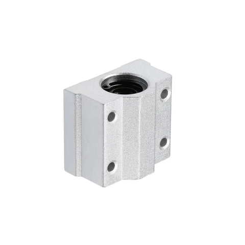 Heavy Duty Linear Ball Bearing Slide Block Units With Eight Millimeter Bore Shaft And Aluminum Alloy Housing Runs Like Butter For CNC Routers And Auto Shop Mods Pack Of Two close-up of aluminum slide block.