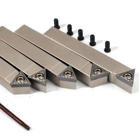 Top Shelf Mini Indexable Lathe Turning Tool Set With Half Inch Nickel Plated Shank Holders Plus Razor Sharp Carbide Insert Blades.