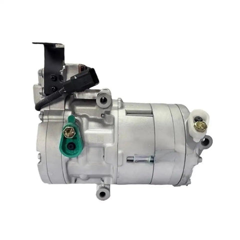 Premium Air Conditioning Compressor Direct Replacement For Kia Niro Plug In Hybrid 1.6L 2018 Through 2021, side view with fittings.