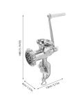 Manual Corn And Grain Mill With High Hopper Cast Iron Hand Crank For Domestic Use, side view with size dimensions.