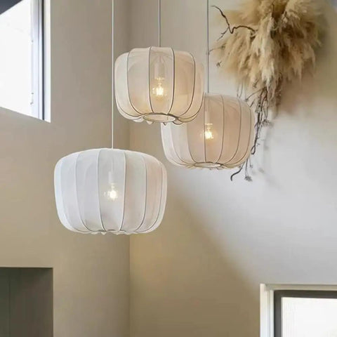 Nordic Apartment Pendant Light Cozy Handmade White Fabric Lantern Ceiling Hanging Lamp Minimalist Chandelier Imitation Silk Lampshade Modern