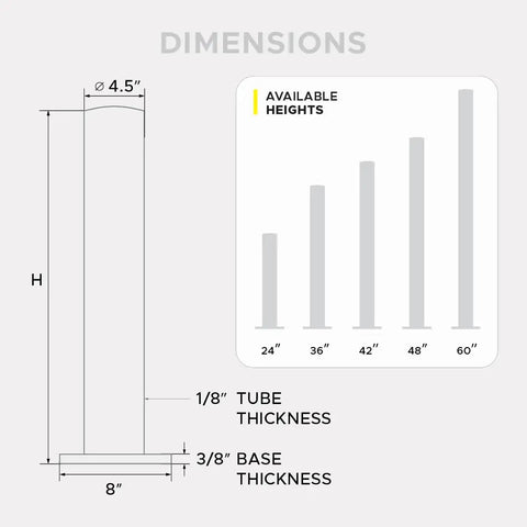 Dimensions and specifications of Heavy Duty Steel Bollards 42 Inches Tall With Yellow Black Reflective Tape And Concrete Fillable Core.