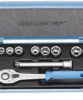 Three-Eighths Inch Socket Set 16-Piece With JMU-10 And Hex Bi-Hex Sockets 6-19 Mm Range in blue steel case, ratchet visible