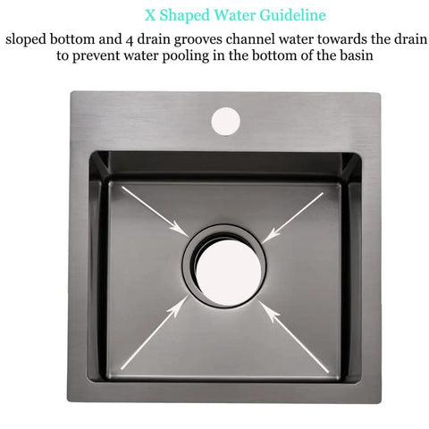 Top view of 15 Inch Drop In Bar Sink With A Deep Bowl In 16 Gauge T304 Stainless Steel For Small Kitchens Or Wet Bars Top Mount Noise Reduction Outdoor RV Ready Includes Grid And Strainer showing X-shaped water guideline