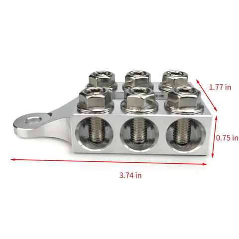 Heavy Duty 12 Way Terminal Distribution Block Bus Bar For Lithium And Agm Batteries with six connectors and mounting hole.