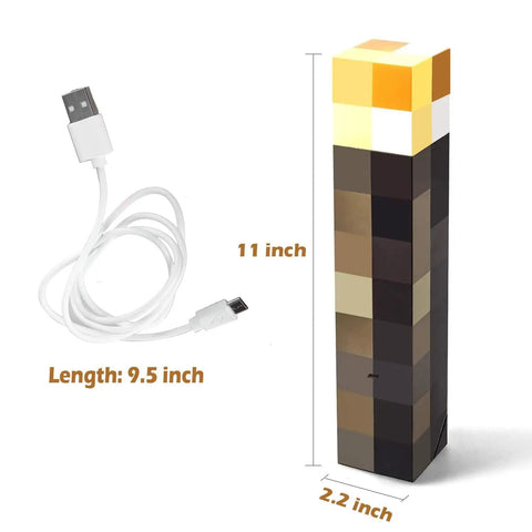 Lit Up Wall Torch With Battery Or USB Power Pluggable Night Lamp standing upright with USB cable, 11 x 2.2 inches.