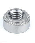 M3 Self Clinching Nuts 200 Piece Pack Featuring Bulletproof Serrated Grip For Zero Loosening And Rock Solid Stability Quick Press In Installation For Server Racks And Heavy Machinery Hardware close-up view of a metallic self clinching nut.