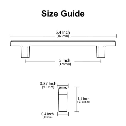 Size guide for 10 Pack Brushed Satin Nickel Cabinet Pulls Bar Style 5 Inch 128mm Hole Centers Modern Kitchen Cabinet Handles