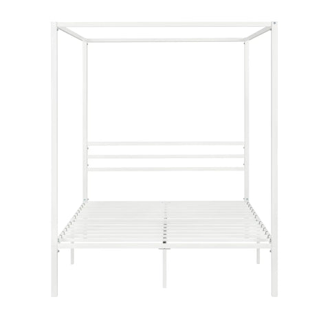Full Size Canopy Bed Frame with Heavy Duty Metal Slats in White Four-Poster Style showcasing the framework and slats design.