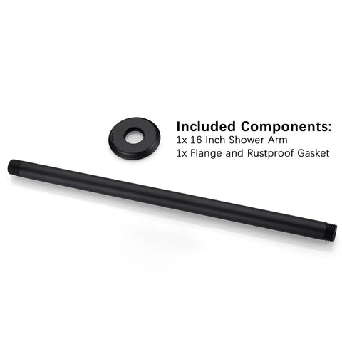 16 Inch Matte Black Ceiling Mounted Shower Arm And Flange For Rain Shower Head, Anti Rust Stainless Steel Design, Standard 1/2 Inch NPT Threads