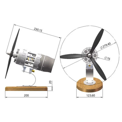 Hands On 16 Cylinder Swash Plate Stirling Engine Model Kit With Butane Power Stainless Steel Body And Bamboo Base For STEM Education dope science demo, side view with dimensions