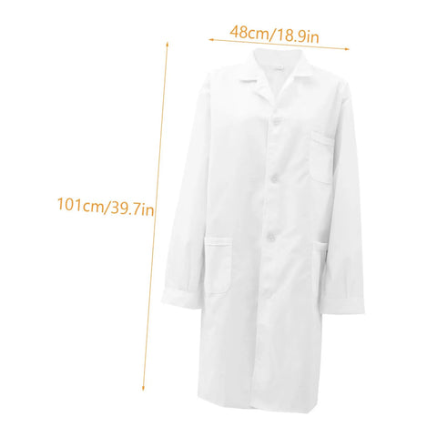 Men's White Lab Coat Long Sleeve Scrub Jacket for Medical Students and Docs, classic laboratory coat front view with dimensions