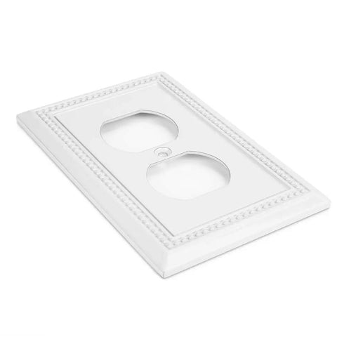 Sunken Pearls Heavy Duty Decorative Wall Plate Switch Plate Outlet Cover Set White 2 Pack For Single Duplex Zinc Alloy Construction Easy Install Durable Finish With A Sleek Modern Vibe For Your Home, angled view of single duplex cover