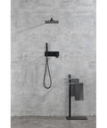 Shower System, 10-Inch Rainfall Head with Handheld Sprayer, Valve Included, featuring modern black finish and wall-mounted design.