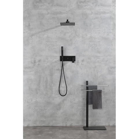 Shower System, 10-Inch Rainfall Head with Handheld Sprayer, Valve Included, featuring modern black finish and wall-mounted design.