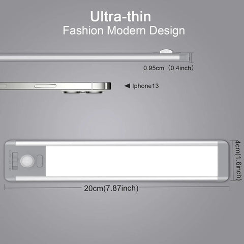 Side and front view of ultra-thin rechargeable motion sensor under cabinet lights with 30 LEDs, size compared to smartphone.
