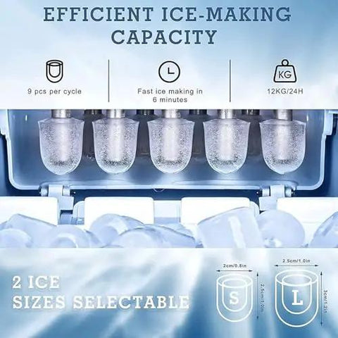 Compact Countertop Ice Maker That Chills Drinks Fast showing ice-making capacity, 2 selectable sizes, and efficient output of 12kg daily.