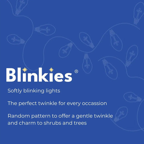Blinkies ad with softly blinking lights for shrubs and trees with soft white blinking outdoor string lights with relaxing twinkle.
