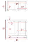 Slick White Two Piece Cabinet Set For Living Room Or Bedroom dimensions diagram, showing tall upper shelf and short lower stand.