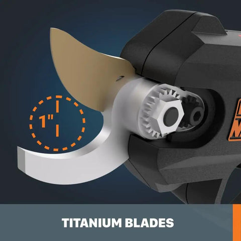 Close-up of the Nitro 20V Cordless Pruning Shear with titanium plated blade and brushless motor, cutting up to 1 inch.