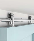 Installed 6 Foot Top Mount Stainless Steel Sliding Barn Door Hardware Track Kit for 30 to 36 Inch Single Doors in use