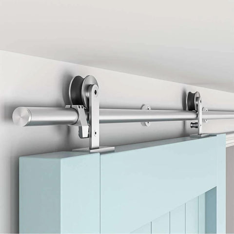 Installed 6 Foot Top Mount Stainless Steel Sliding Barn Door Hardware Track Kit for 30 to 36 Inch Single Doors in use
