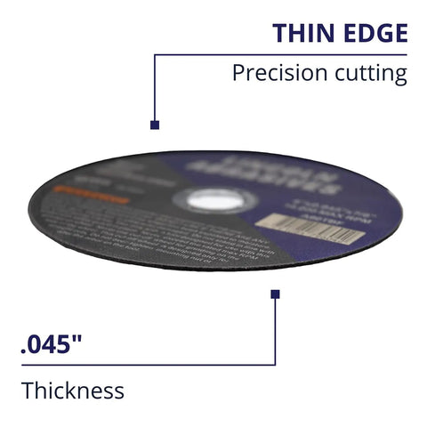 Close-up of 100 Pack 6 Inch Cut Off Wheels For Metal And Stainless Steel With 7 Eighths Inch Arbor And 0.045 Inch Thickness, side view