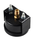 Oil pressure gauge mounting base; black housing with brass threaded port and two silver studs.