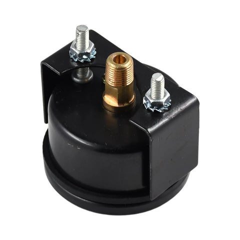Oil pressure gauge mounting base; black housing with brass threaded port and two silver studs.