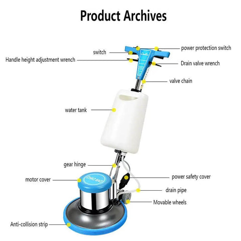 Detailed diagram of Pro Grade 17 Inch Floor Polisher with 175 RPM 1100W Copper Motor including handle, tank, and motor parts.