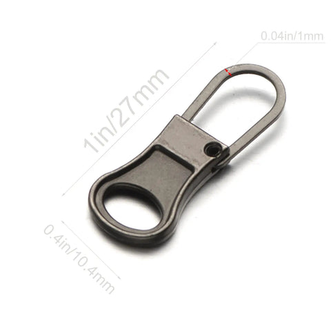 Close-up of Tiny Zipper Pulls Set For Clothes And Bags, Detachable Replacement Tabs For Small Hole Zippers; metal tab in gunblack