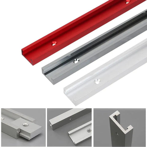 Badass 2 Pack Aluminum T Track 15.75 Inch in red and silver with pre-drilled holes for woodworking jigs and drill press tables.