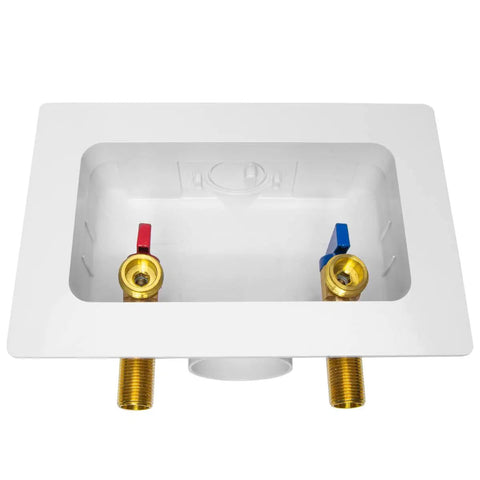 Premium Washing Machine Outlet Box With Center Drain 1/2 Inch Sweat MIP Inlet To 3/4 Inch MHT Outlet 1/4 Turn Hot And Cold Ball Valve