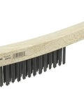 Hand Wire Scratch Brush With Curved Hardwood Handle And .012 Carbon Steel Fill, 3 By 19 Rows, side view of scrub brush