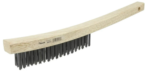 Hand Wire Scratch Brush With Curved Hardwood Handle And .012 Carbon Steel Fill, 3 By 19 Rows, side view of scrub brush