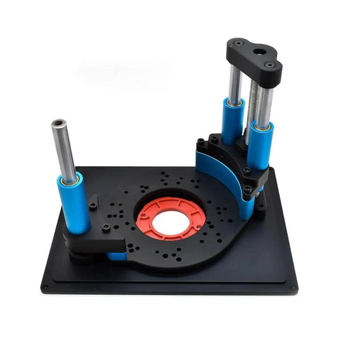 Smooth As A Dream Universal Base Mount Router Lift Featuring Hella Precise Above Table Bit Height Adjustment and Rock Solid Friction Lock for Easy Rerouting Gigs Without Bending Over On Your Back, detailed view of the router lift.