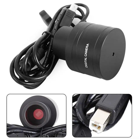 All-in-One Astronomy Eyepiece Camera With 2MP Telescope Imager in metal housing and USB cable for planetary viewing and night recording.