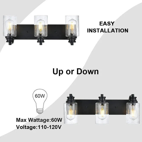 Three Light Black Vanity Light Fixtures Over Mirror With Seeded Glass Shades Industrial Wall Mount Lamps For The Bathroom